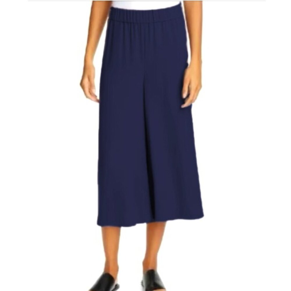 Eileen Fisher Silk Georgette Crepe Wide Cropped Pant Ink Size XL